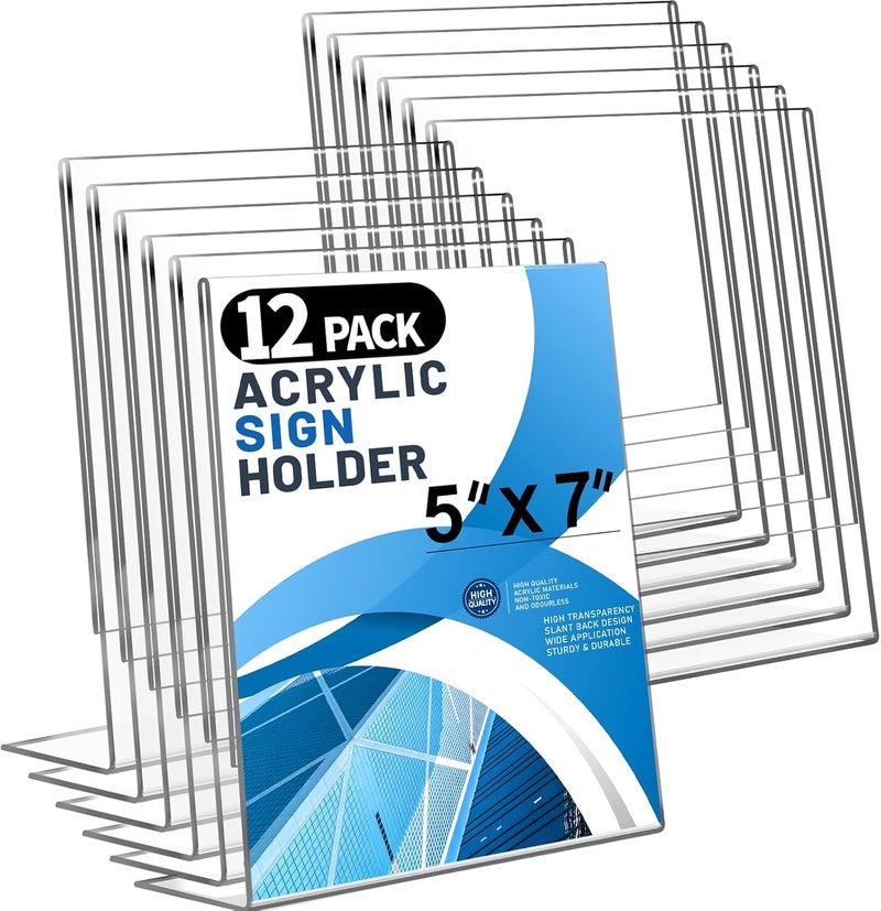 Aheroi 12Pcs Acrylic Sign Holder, 5x7 Clear Sign Holders, L-Shape Table Sign Holders Paper Stand, Plastic Sign Holder Standing, Paper Display Stand for Menu Document Display, Activities Supplies - Image 1